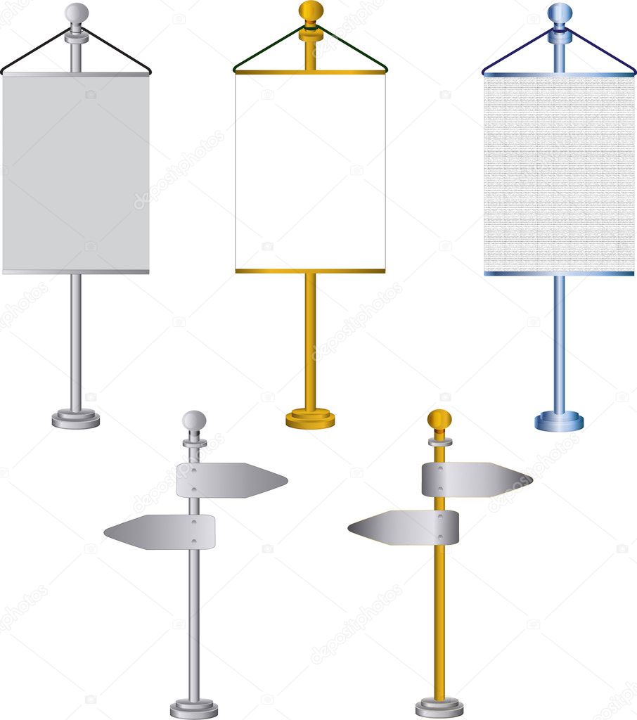 Flag stands, banners and road signs isolated on white background