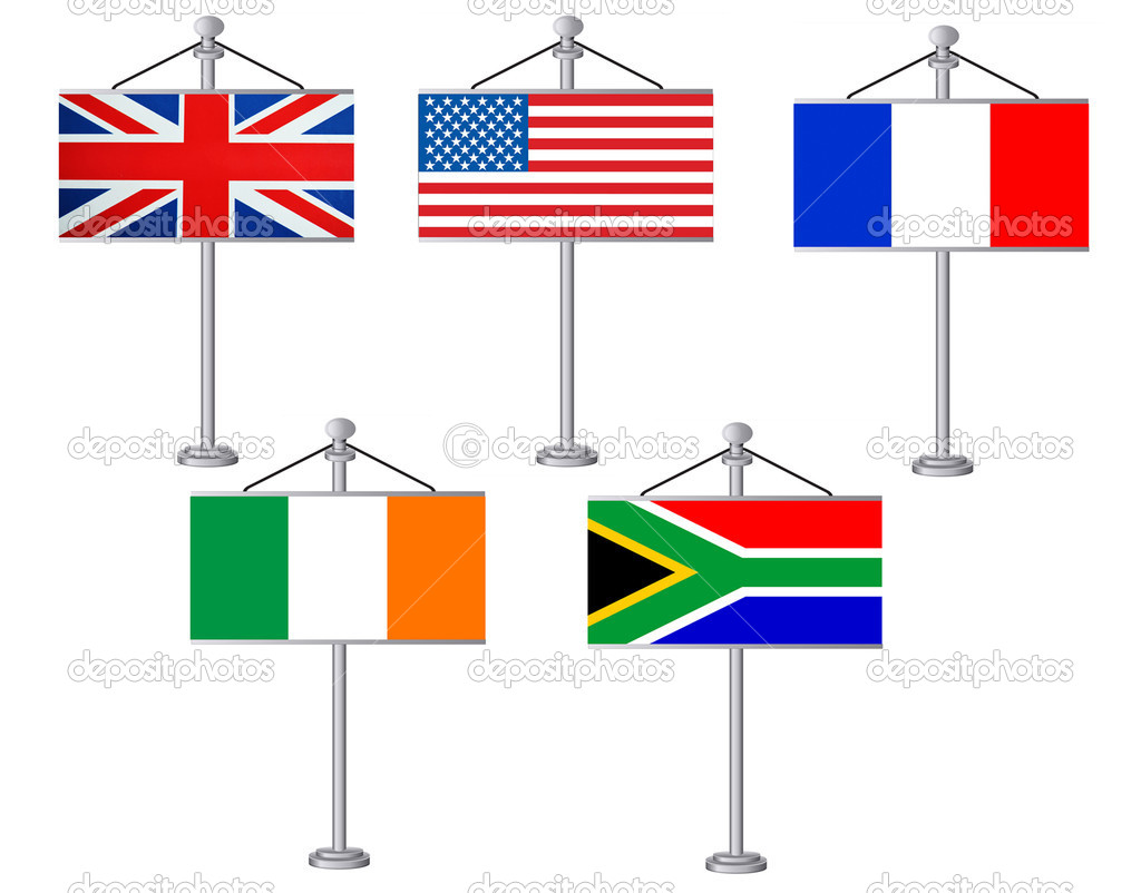 British, American, French, Irish, South African Flags on silver flag stands illustration