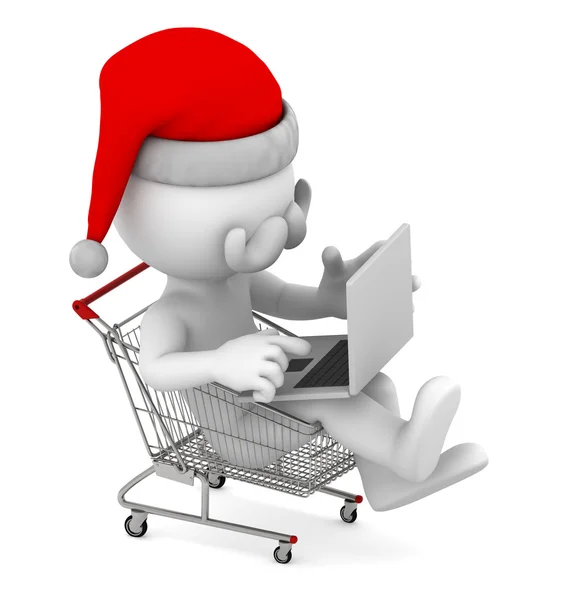 Santa mit Laptop im Warenkorb. E-Commerce-Konzept. — Stockfoto