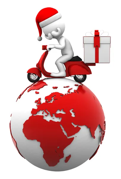 Санта водит скутер на вершине земли. Концепция поставки — стоковое фото