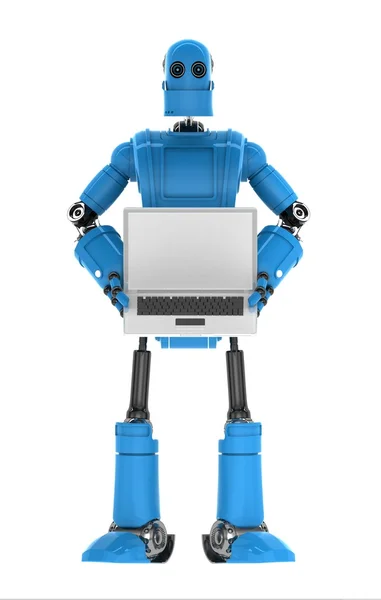 Robot holding laptop with copyspace available on the computer screen — Stock Photo, Image