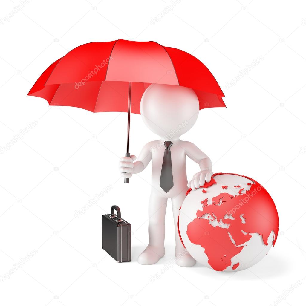 Businessman with Umbrella and earth globe.