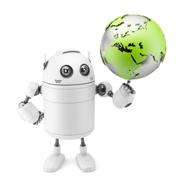 Schattig wit robot bedrijf globe — Stockfoto