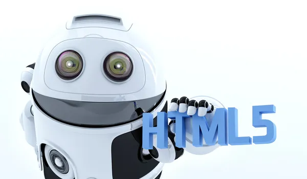 Robot androide sosteniendo signo html5 —  Fotos de Stock