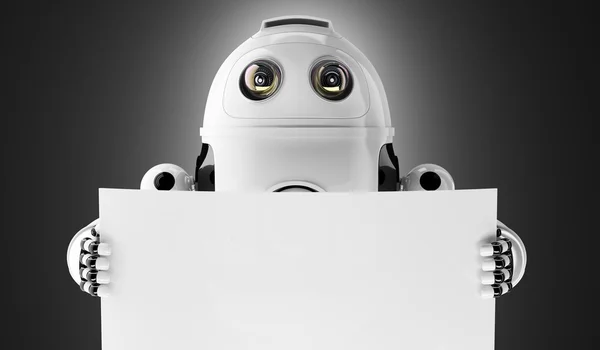 Robô Android segurando uma placa em branco — Fotografia de Stock
