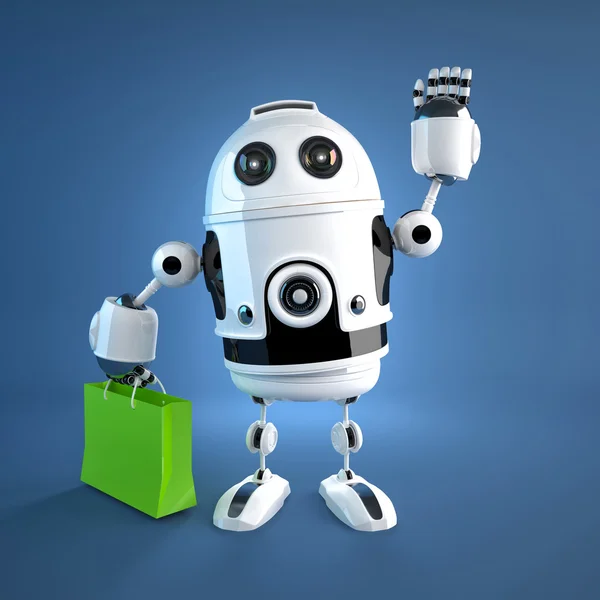 Android robot with shopping bag. — Stock Photo, Image