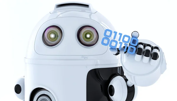Android-Roboter, der einen Teil des Binärcodes hält. Software-Entwicklungskonzept — Stockbild Android-Roboter hält Stück binären Code — Stockfoto