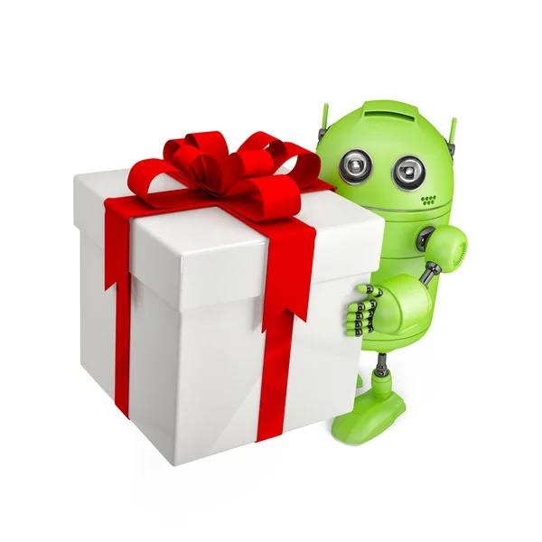 Robot dragen enorme geschenkdoos — Stockfoto