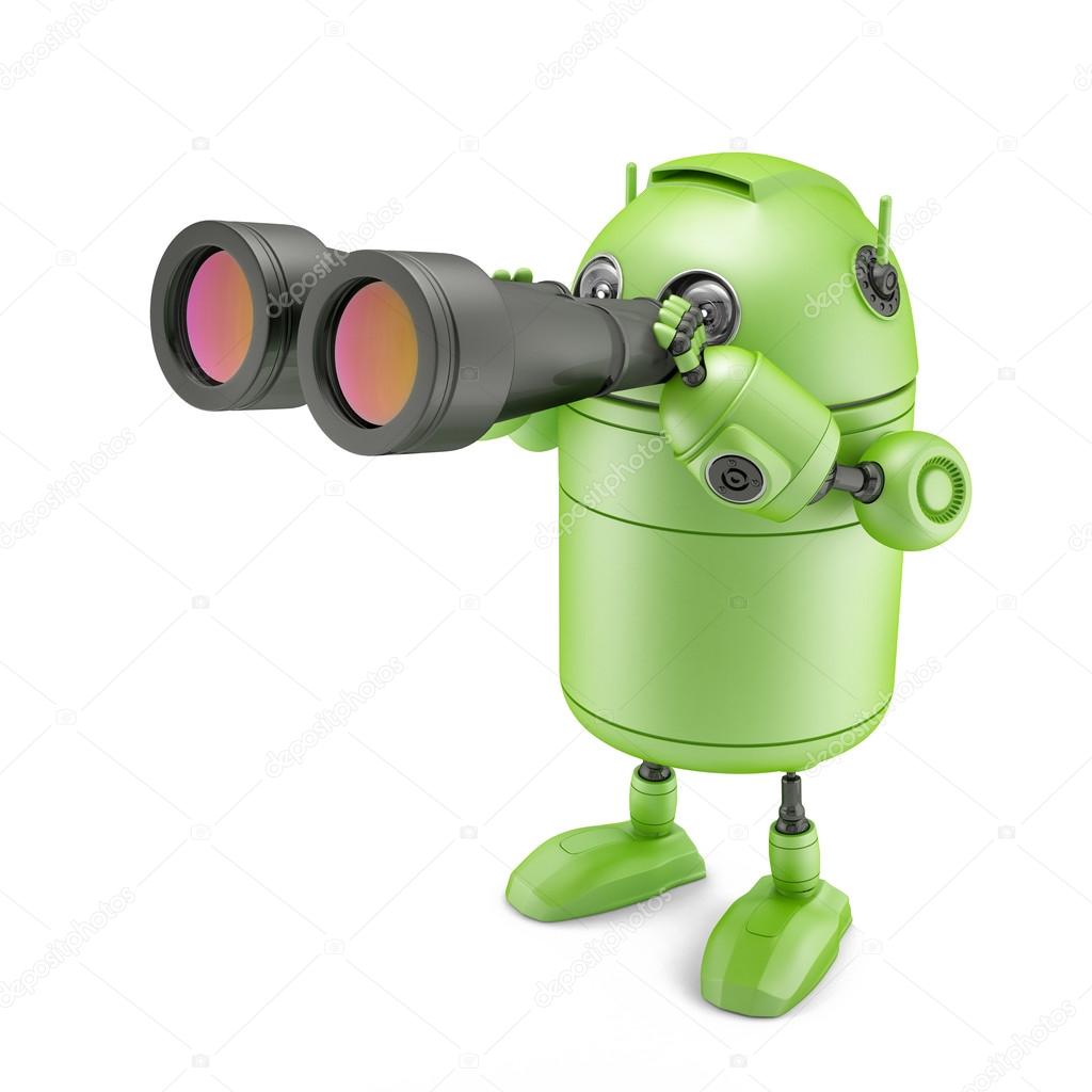 Robot looks in binoculars.