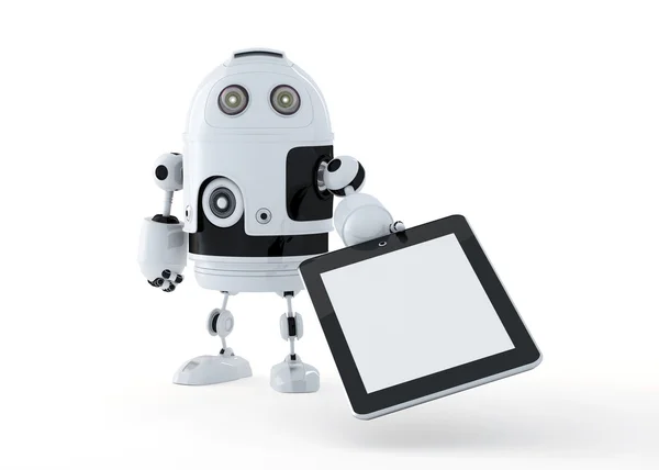 Android-Roboter mit einem leeren digitalen Tablet-PC. isoliert auf weiß. — Stockbild Androidroboter mit einem leeren digitalen Tablet-PC. — Stockfoto