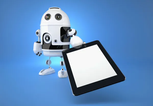 Android robot cu touchpad pe fundal albastru — Fotografie, imagine de stoc