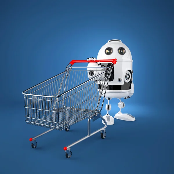 Android robot with shopping cart — Stock Photo, Image