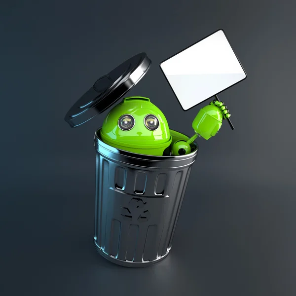 Android in de Prullenbak. elektronische recycle concept — Stockfoto
