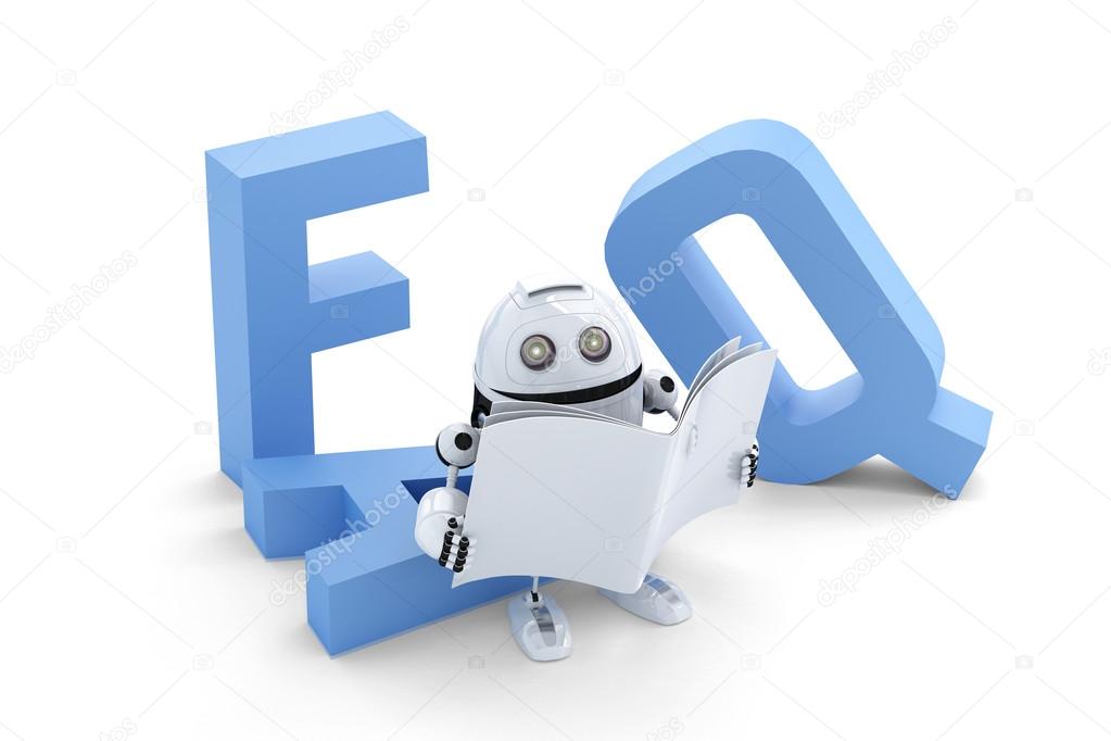 Robot sitting on 3D FAQ sign