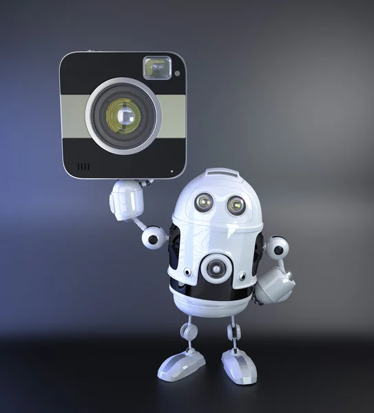 Android robot with DSLR squred amera — Stock Photo, Image