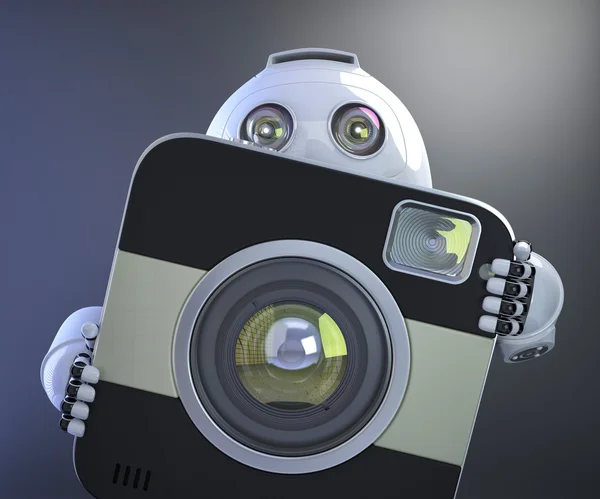 Android robot holding squared photo camera — Stock Photo, Image