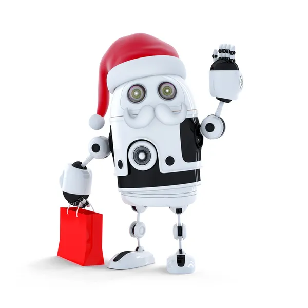 Robô Android com chapéu de Papai Noel e um saco de compras — Fotografia de Stock