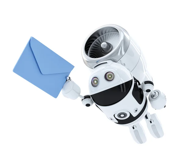 Robot Android volando con sobre. Concepto de entrega de correo electrónico . — Foto de Stock