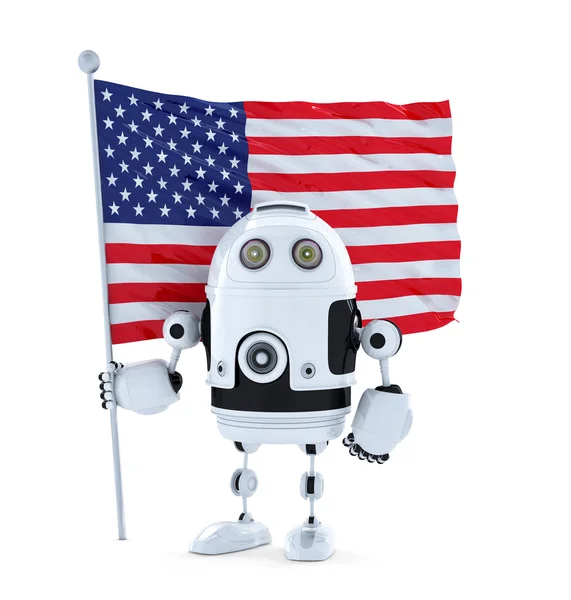Androide Roboter mit stehender amerikanischer Flagge — Stockfoto