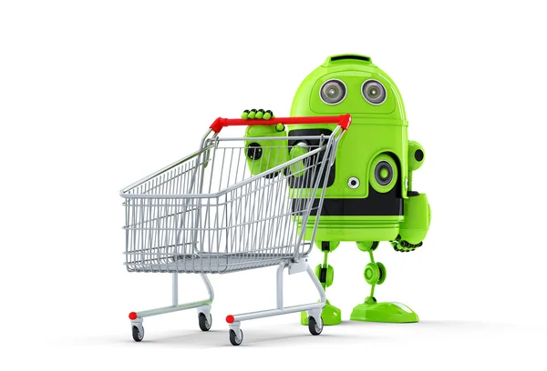 Android 机器人和购物车。e 店概念 — 图库照片
