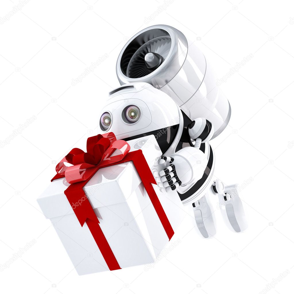 Robot delivering gift box. Express delivery concept