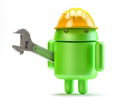 Android with adjustable wrench. Technology concept.