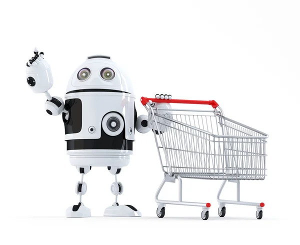 Robot with shopping cart pointing at invisible object — Stock Photo, Image