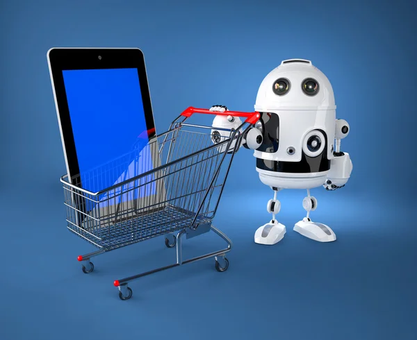 Android robot with shopping car — Stock Photo, Image