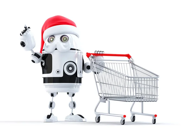 Robot Santa with shopping cart pointing at object — Stock Photo, Image