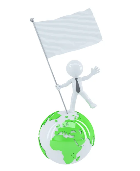 Businessman with blank flag on top of the globe — Stock Photo, Image