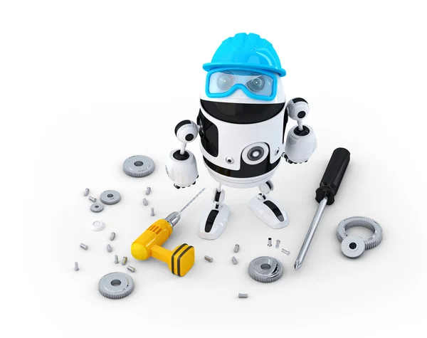 Robot byggnadsarbetare med olika verktyg. teknik koncept — Stockfoto