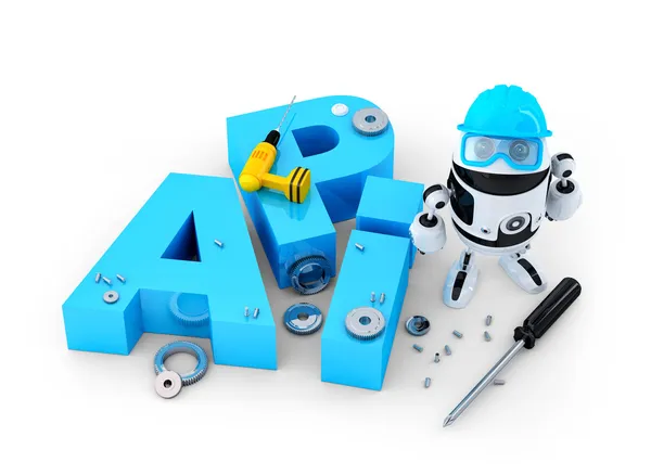 Robot with tools and application programming interface sign. Technology concept — Stock Photo, Image