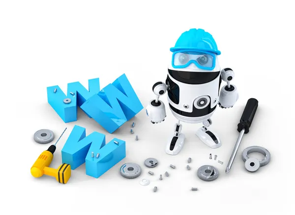 Robot med www tecken. webbplats byggnad eller reparation koncept — Stockfoto