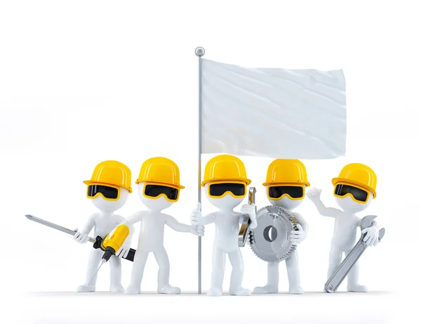 Groupe de travailleurs de la construction, constructeurs avec outils et drapeau blanc — Photo