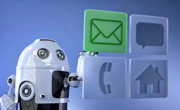 Robot som berører virtuelle mobile ikoner – stockfoto