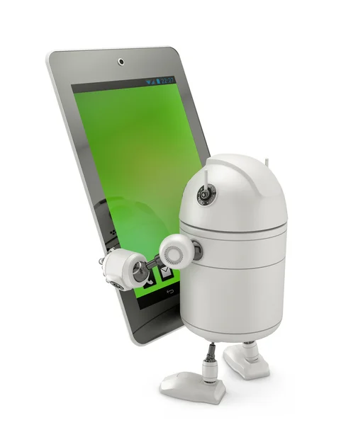 Robot kijken naar tablet pc — Stockfoto