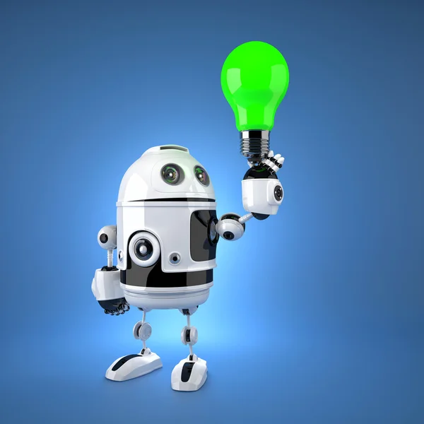 Android robot with green light bulb — Stock Photo, Image