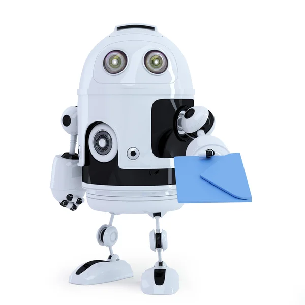 Roboter mit Umschlag auf weiß — Stockbild Roboter mit Umschlag — Stockfoto
