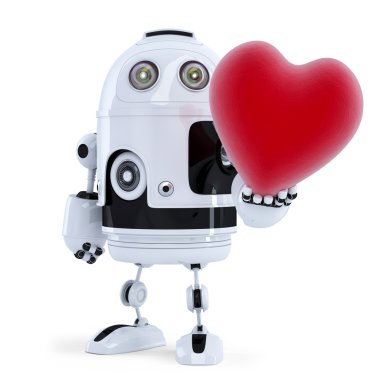 büyük bir kırmızı kalp tutan şirin robot