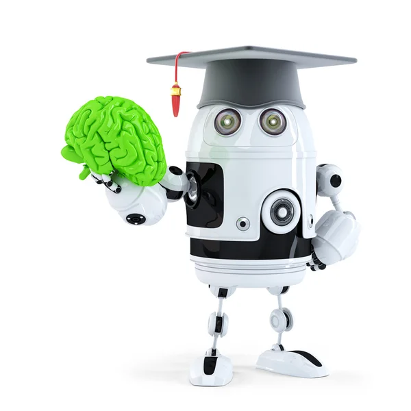 Robot estudiante sosteniendo un cerebro humano — Foto de Stock