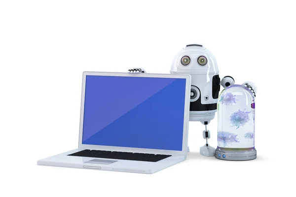 Robot met laptop — Stockfoto