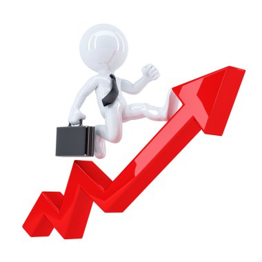 Kırmızı grafik ok üzerinde çalışan iş adamı