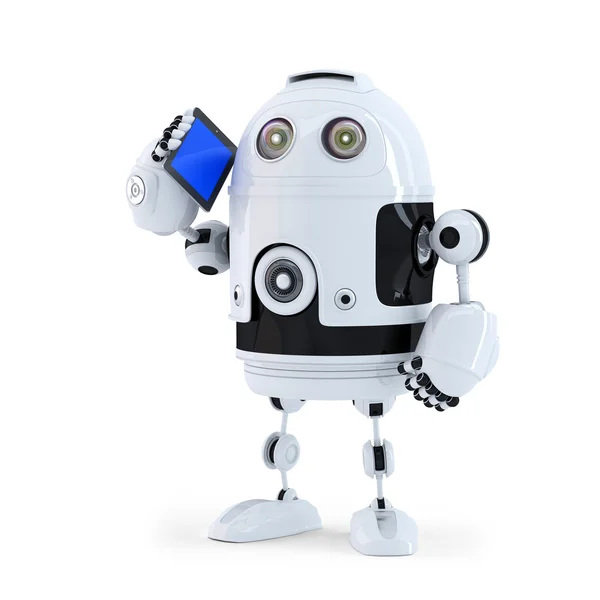 Roboter mit Handy auf weißem Hintergrund — Stockbild Roboter mit Handy — Stockfoto