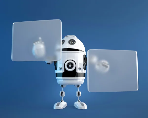 Robot pushing a button on digital vurtual screen — Stock Photo, Image
