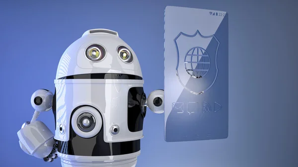 Robot presionando la pantalla virtual con el icono de escudo — Foto de Stock