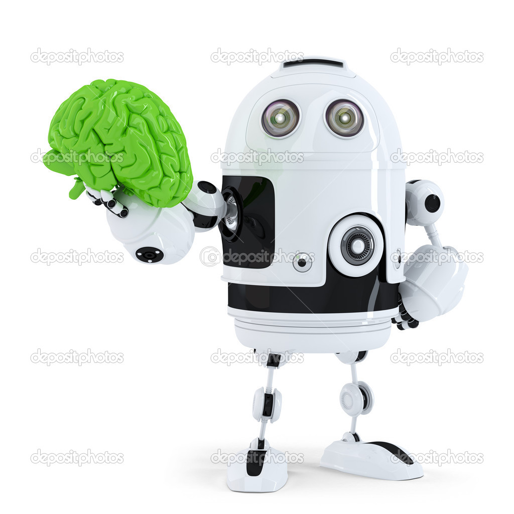 Robot holding green brain.