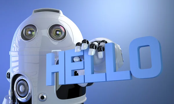 Robot holding HELLO sign. Technology concept. — Stock Photo, Image