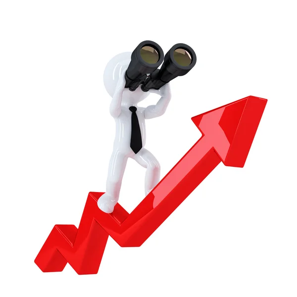 Businessman with binoculars on top of the graph arrow — Stock Photo, Image