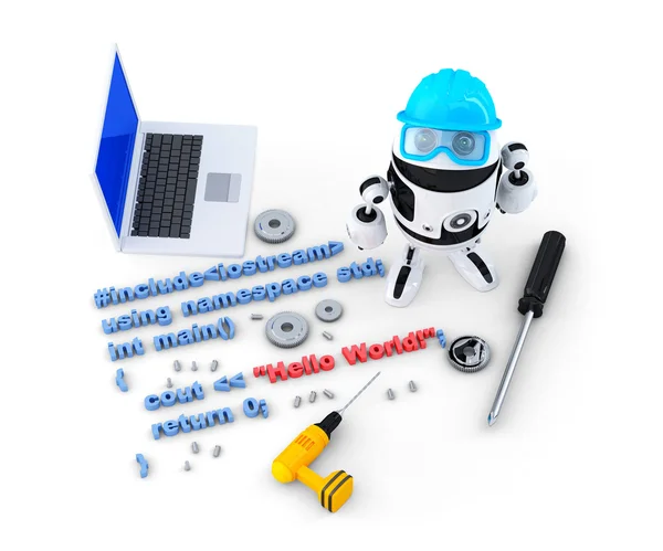 Robot avec outils et code source du programme — Photo