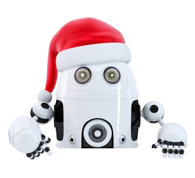 Robot Noel Baba boş reklam bayrak içinde gösteriyor.